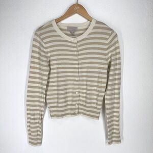 HM Womens Striped Button Crewneck Cardigan Sweater French Girl Coastal Preppy